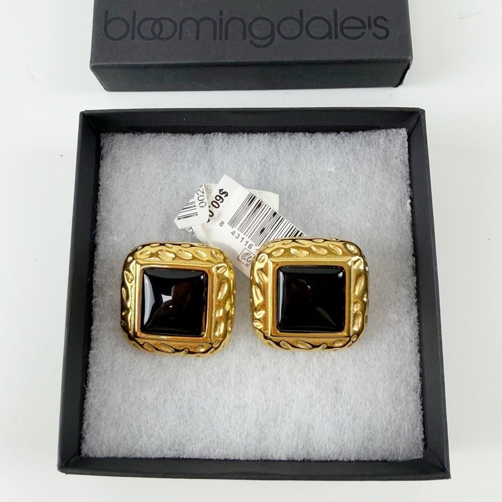 Bloomingdales Earrings Gold Tone Black Square Studs Pierced NEW NWT $60